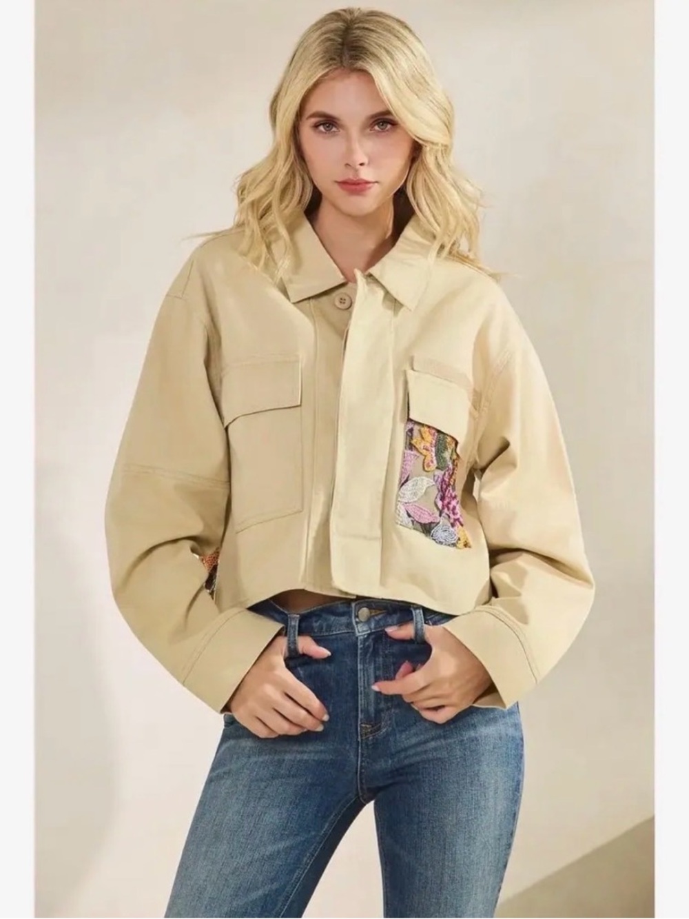 Cropped Beige Utility Jacket with Embroidered Pocket